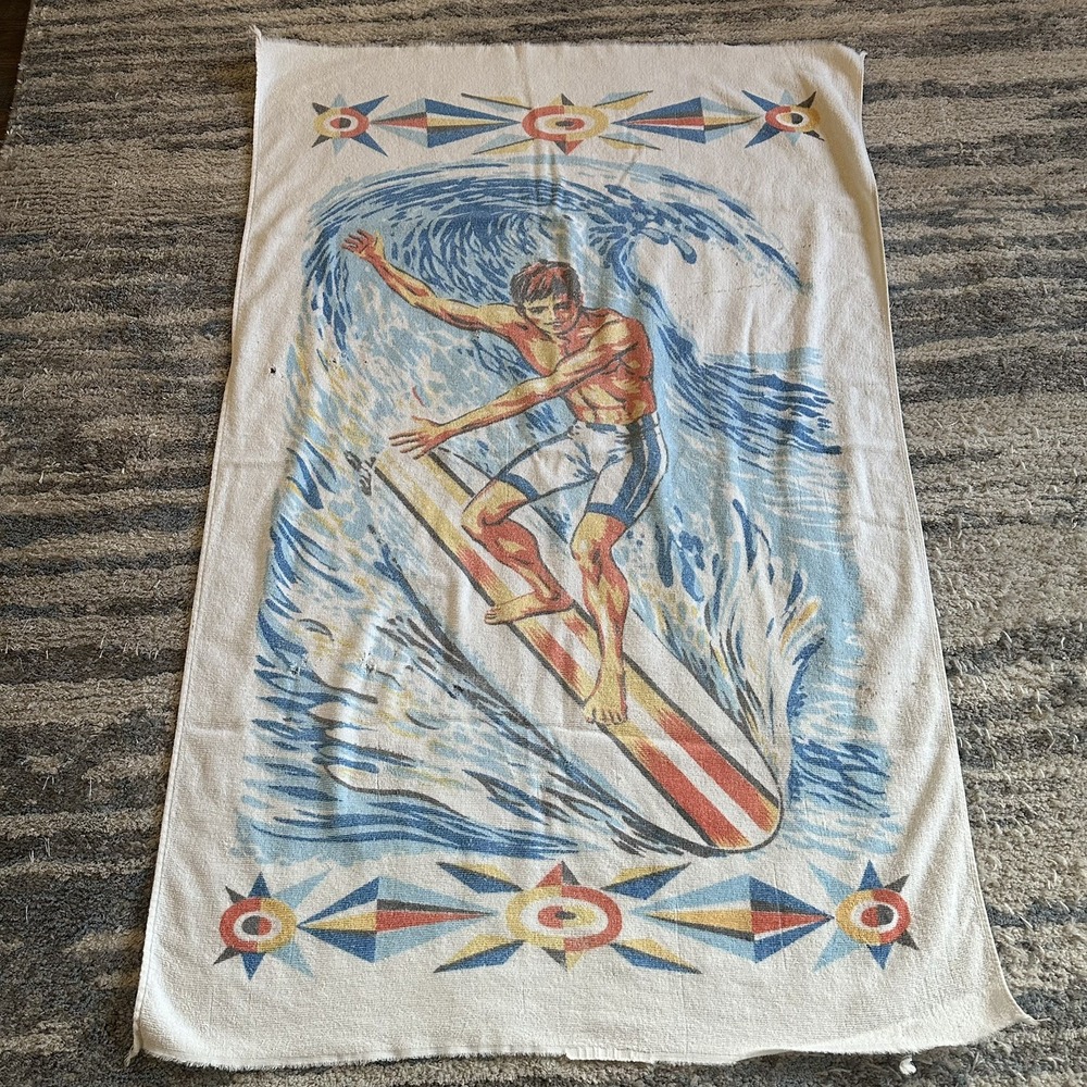 Vintage 60-70's surfer ocean beach towel cannon made in USA terry cloth Flaws